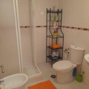 uma casa de banho com um chuveiro, um WC e um lavatório. em Precioso apartamento a pie de montañas y playas em Carreña de Cabrales