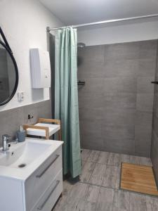 a bathroom with a white sink and a shower at Apartament Nova Kamienica 3 in Łagów +13 photos