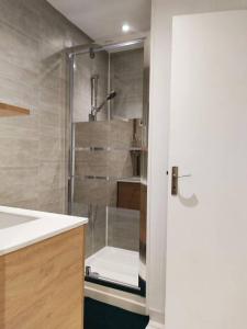 een badkamer met een douche en een glazen deur bij RIVE DE SAÔNE 75m2.P'tit dej.Agréable & spacieux. in Chalon-sur-Saône