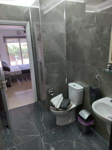a bathroom with a toilet and a sink and a shower at Modern Studio apartment Armonia Court in Paralimni