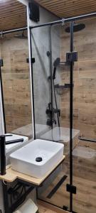 bagno con lavandino bianco e doccia di Квартира Люкс (Мира 1) a Balqash