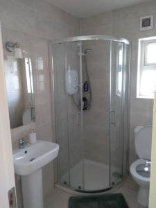 La salle de bains est pourvue d'une douche, d'un lavabo et de toilettes. dans l'établissement 2 Bed City Center Apartment, à Galway