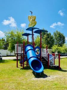 a playground with a blue slide in a park at Casa Feliz in Burinhosa