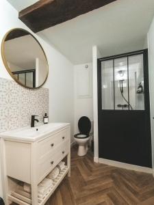 y baño con lavabo, espejo y aseo. en Appartement vue sur château-fort 3 étoiles, en Sedan