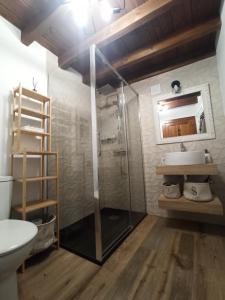 a bathroom with a glass shower and a sink at Aromas de Coraín in Cangas de Onís