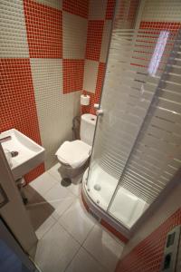 uma casa de banho com um chuveiro, um WC e um lavatório. em Hostal Foster em Madri