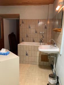 un baño con lavabo y bañera en Maison familiale des remparts, en Colmars 26 fotos más