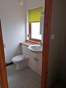 a bathroom with a toilet and a sink and a window at Brackenbrae Holiday Cottage in Acharacle