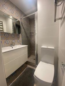 bagno con servizi igienici, lavandino e specchio di Cozy 2 bedroom Apartment near Seafront a Il-Gżira