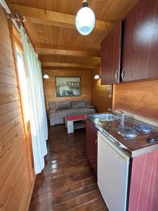 uma cozinha com um fogão e um sofá num quarto em Christopher's apartments em Ulcinj
