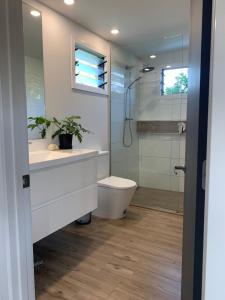 a bathroom with a toilet and a shower at Konini Retreat in Rarotonga