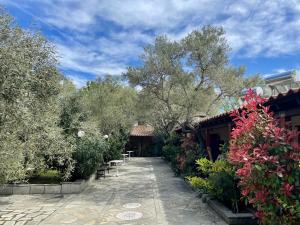 ein Garten mit Bänken und Bäumen an einem sonnigen Tag in der Unterkunft Hotel Argilos in Asprovalta