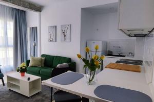 Il comprend un salon avec un canapé vert et une cuisine. dans l'établissement Céntrico apartamento con vistas, à Santa Cruz de Tenerife