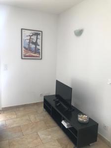 salon z czarnym stołem i zdjęciem na ścianie w obiekcie Mini villa proche des plus belles plages w mieście Porto-Vecchio