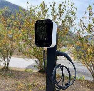 a parking meter with a green writing on it at Mia Bella luxury chalet in Slovenske Konjice in Slovenske Konjice