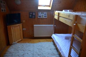 a room with two bunk beds and a television at Pensiunea "Vio Merisani " in Merişani