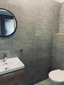 ein Badezimmer mit einem WC, einem Waschbecken und einem Spiegel in der Unterkunft Apartmány 400 in Veľká Lomnica