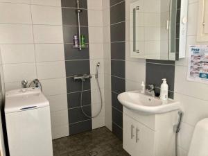 a small bathroom with a sink and a shower at Huoneistomajoitus Pirtti, LaatuLomat in Juva +8 photos