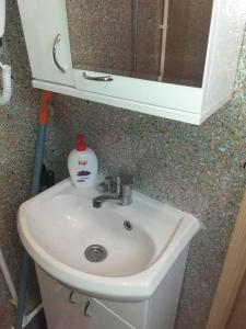 un lavabo con espejo y una botella de jabón. en Kućice Paradiso en Bratunac