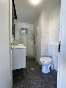 a bathroom with a toilet and a sink and a shower at Central Studio with a Garden in Tel Aviv
