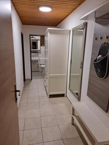 a bathroom with a walk in shower and a mirror at Ferienwohnung Zanier in Gaißau