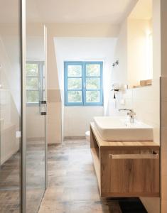a bathroom with a sink and a shower at Pension "Zum Reußischen Hof" in Thallwitz