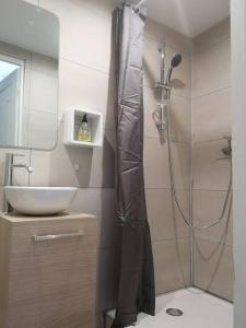 ein Bad mit Dusche und Duschvorhang in der Unterkunft F1 37m² hyper centre face au marché in Ajaccio