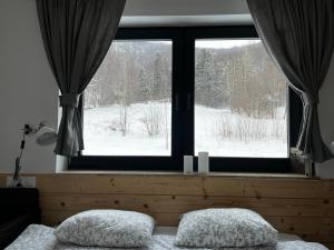 a window with two pillows in front of a snow covered field at Wellness & View Skrzyczne, Sauna, Jacuzzi - w cenie in Szczyrk