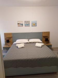 una camera da letto con un grande letto con due cuscini di APARTMAN CATARINA a Vrsar