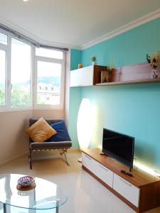 ein Wohnzimmer mit einem Sofa und einem TV in der Unterkunft Apartamento San Francisco in Viveiro