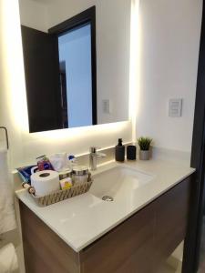 eine Badezimmertheke mit einem Waschbecken und einem Spiegel in der Unterkunft Hermoso apartamento nuevo en zona 10! in Guatemala