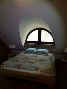 a bedroom with a large bed with a window at Antalieptės sodyba in Baibiai