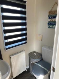 a bathroom with a toilet and a sink and a window at Beautiful Spacious Holiday Home - Romney Sands in New Romney +24 photos