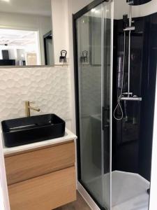 La salle de bains est pourvue d'un lavabo noir et d'une douche. dans l'établissement LE GARENGEOT - WIFi - CENTRE VILLE - PROPERTY RENTAL NM, à Vitré