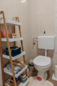 een badkamer met een wit toilet en planken bij HOLY in Ðakovo
