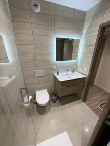 uma casa de banho com um WC, um lavatório e um espelho. em Musieges Appart'Hôtel 