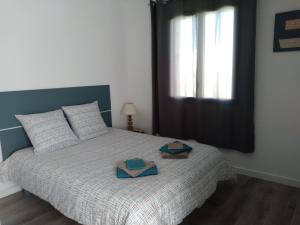 a bedroom with a bed with two hats on it at Mini villa 84 sur la route des vins in Sainte-Cécile-les-Vignes
