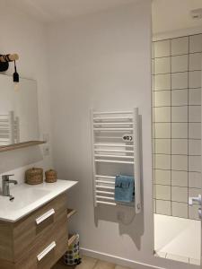 ein weißes Bad mit einem Waschbecken und einer Dusche in der Unterkunft Joli appartement dans le centre ville de Corte in Corte