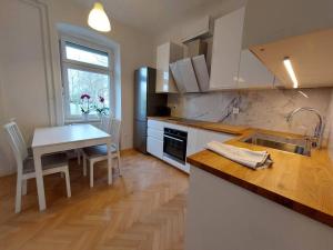 eine Küche mit einer Spüle und einem Tisch mit einer Theke in der Unterkunft Apartment Bezigrad in Ljubljana