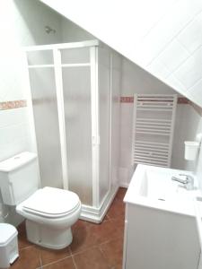 een badkamer met een toilet, een douche en een wastafel bij VillasMC in Alpalhão