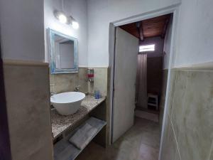 uma casa de banho com um lavatório branco e um espelho. em Cardozo House Monoambiente acogedor y familiar em Villa Dolores