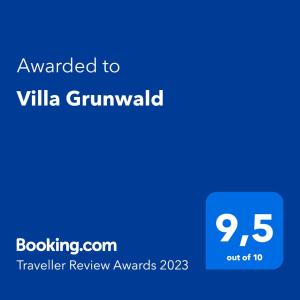 Villa Grunwald tesisinde sergilenen bir sertifika, ödül, işaret veya başka bir belge