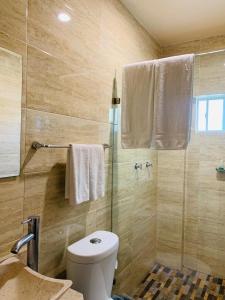 ein Bad mit einer Dusche, einem WC und einem Waschbecken in der Unterkunft Hotel Boutique Rosa de Lima in Querétaro