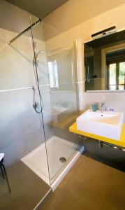 uma casa de banho com um lavatório e um chuveiro em Vela di Soleville camere con e senza vista lago con ristorante & pizzeria em Sale Marasino