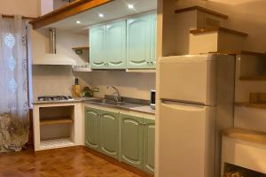 una cucina con armadi verdi e frigorifero bianco di Flat Tempio Pausania near Costa Smeralda a Tempio Pausania