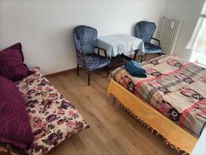 Appartamento in bassa montagna a Bussoleno في Bussoleno: غرفة بسريرين وطاولة وكراسي