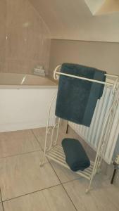 a bathroom with a towel rack next to a bath tub at Meadow View in Moneymore