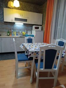 eine Küche mit einem Tisch und Stühlen in der Unterkunft Kuršumlijska banja apartman in Kuršumlija