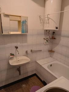 Kuršumlijska banja apartman في Kuršumlija: حمام مع حوض وحوض استحمام ومرحاض