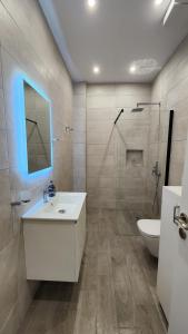 a bathroom with a sink and a toilet and a mirror at Solar Rooms and Apartments in Himare